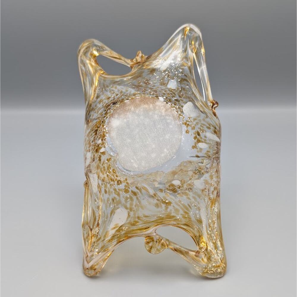 Vintage Murano Style Amber Gold Fleck Art Glass Basket Dish MCM Fall Table Decor - Picture 6 of 10